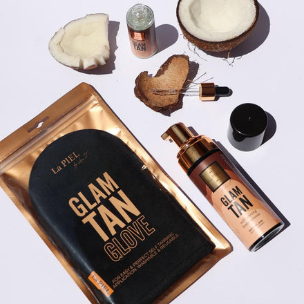La PIEL Glam Tan Paket Pena Serum I Rukavica Flatlay